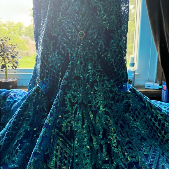 ashley lauren blue sequin dress ASHLEYlauren 11113 Stretch Sequin Spaghetti Strap Gown